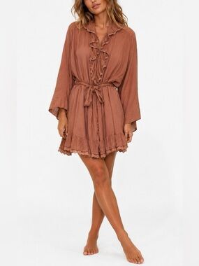 Free People FP One 100% Cotton Rose Ruffle Tie Waist Robe Mini Dress XS S Boho